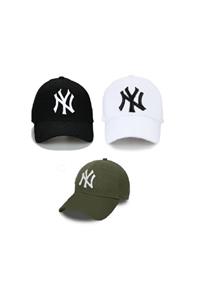 NY Trend Ny New York Şapka Unisex 3 Lü Set Siyah Beyaz Haki Yeşil