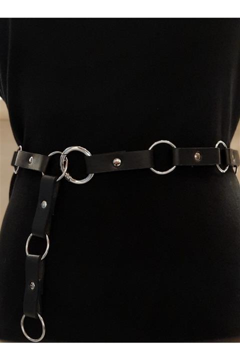 Kemerix Siyah Deri Detaylı Halkalı Zincir Kemer