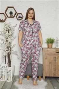 Markosin Kadın Gri Büyük Beden Kısa Kollu Önden Düğmeli Desenli Pijama Takımı 25150