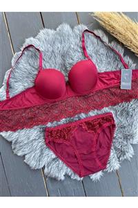 MOOİ Kadın Elegant Bordo Dolgulu Dantelli Soft Lace Sütyen Takım