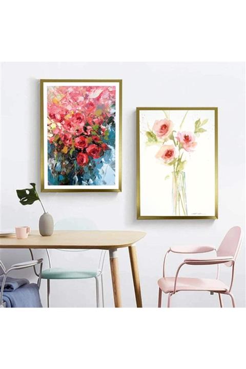 LiliaHome 33x43 Cm 2li Sulu Boya Güller Posterli Altın Rengi Çerçeve Seti