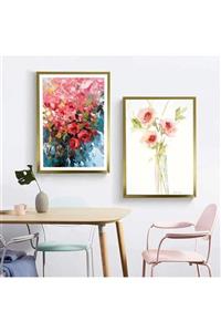 LiliaHome 33x43 Cm 2li Sulu Boya Güller Posterli Altın Rengi Çerçeve Seti