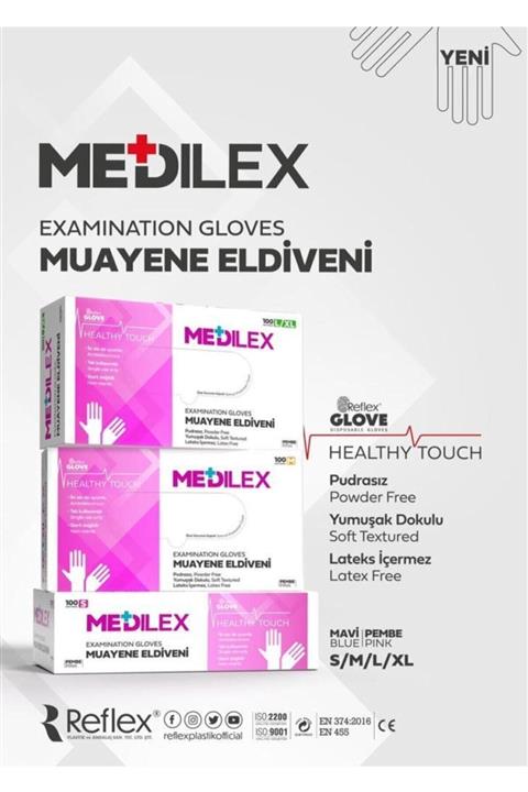 REFLEKS Medilex Pudrasız Muayene Eldiveni Pembe Renk 100 Adet L/xl Beden