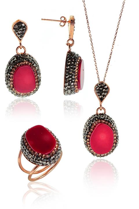 Söğütlü Silver Kadın Gümüş Mercan Taşlı Otantik Üçlü Set SGTL9391