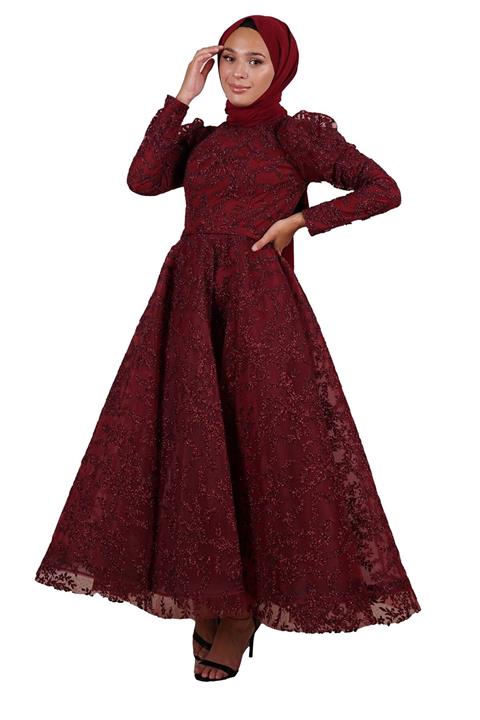 SpringStore Bordo Kabarık Tesettür Abiye
