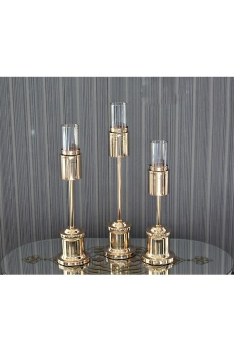 çerçi Homechic Oval Silindir Gold 3 Lü Şamdan