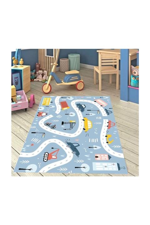 halımarkt Hm- 1015 Trafik Yollu Arabalı Mavi Genç Çocuk Odası Halısı