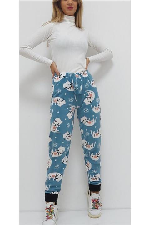 ZAVANSA Kedi Desenli Paçası Polar Pijama Altı Mavi