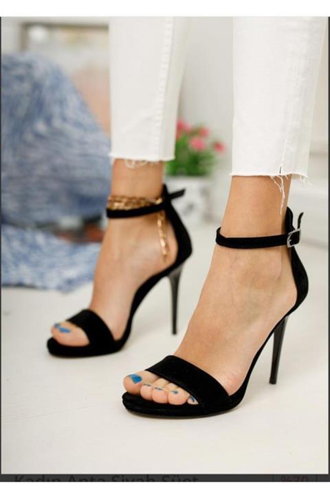 Birol Ayakkabı Ince Topuklu Siyah Süet Tek Bant Ayakkabı