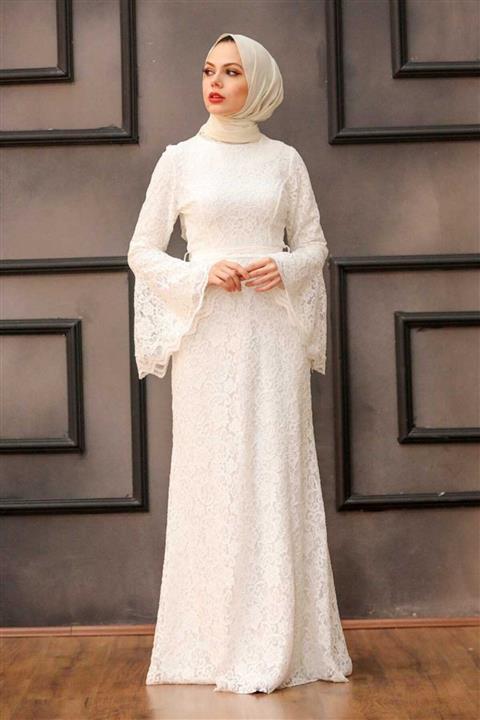 Neva Style Tesettürlü Abiye Elbise Dantel İşlemeli Beyaz Tesettür Abiye Elbise 5487b