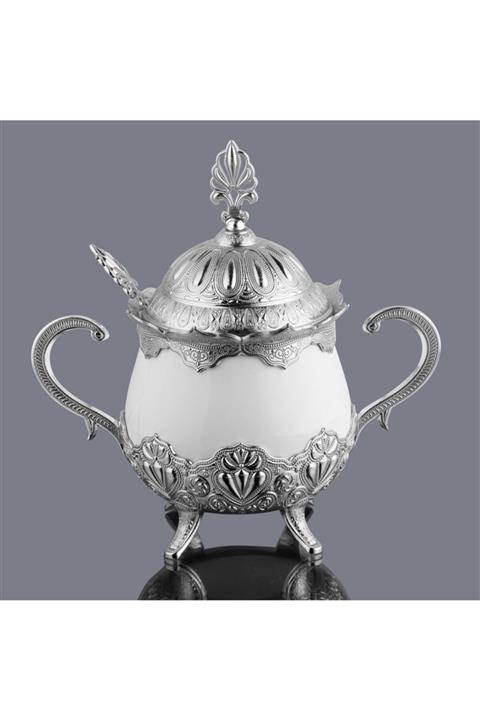 İhvan Kapaklı Ve Kaşıklı Lüks Porselen Şekerlik Lokumluk Gümüş