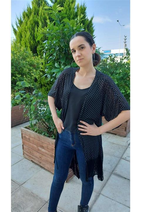 Koza Tekstil Kadın Siyah Puan Oversize Pamuklu Kimono