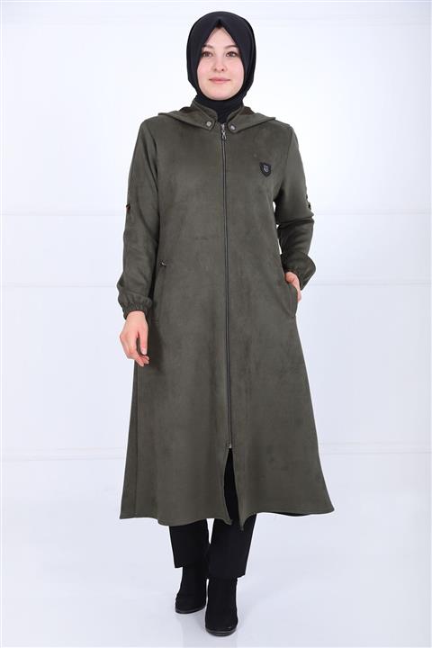 kombinal Haki Kapüşonlu Büyük Beden Süet Kap-8551