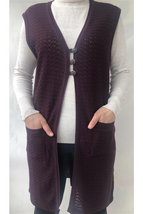 Cuma Triko Mor Renk Uzun Üç Düğmeli Merserize Yelek
