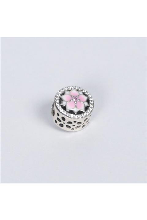 Nur Silver Pembe Mineli Çiçekli Charm