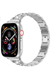 Apple Watch 1 2 3 4 5 6 Se 44 Mm Klipsi Taşlı Metal Kordon Kayış Gümüş Ve Popsocket