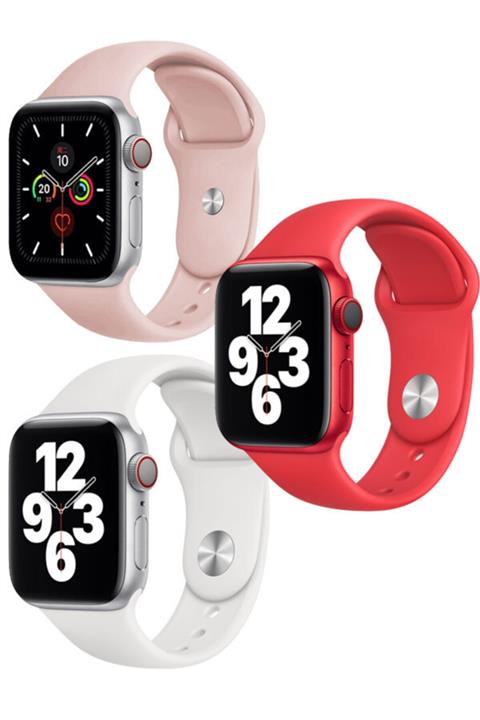 Apple Watch 1 2 3 4 5 6 Se Uyumlu  38 - 40 Mm Klasik Spor Silikon Kordon Pembe Beyaz Kırmızı Set