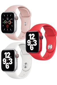 Apple Watch 1 2 3 4 5 6 Se Uyumlu  38 - 40 Mm Klasik Spor Silikon Kordon Pembe Beyaz Kırmızı Set