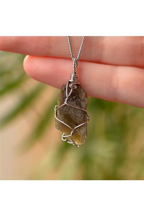 Taş Sandığı Ham Labradorit Taşı Kolye - Tel Sargılı