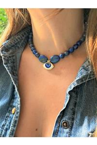 floom jewelry Lapis Lazuli Doğal Taşlı Porselen Mavi Göz Detaylı Kolye