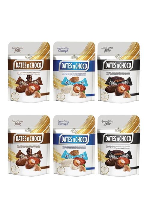DATESnCHOCO Dates N Choco Sütlü + Hindistan Cevizi Ve Beyaz Çikolata + Bitter Çikolata Kaplı Hurma 6 Adet