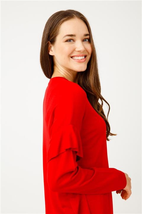 Tığ Triko Volan Detaylı Düşük Kol Triko Tunik Kırmızı