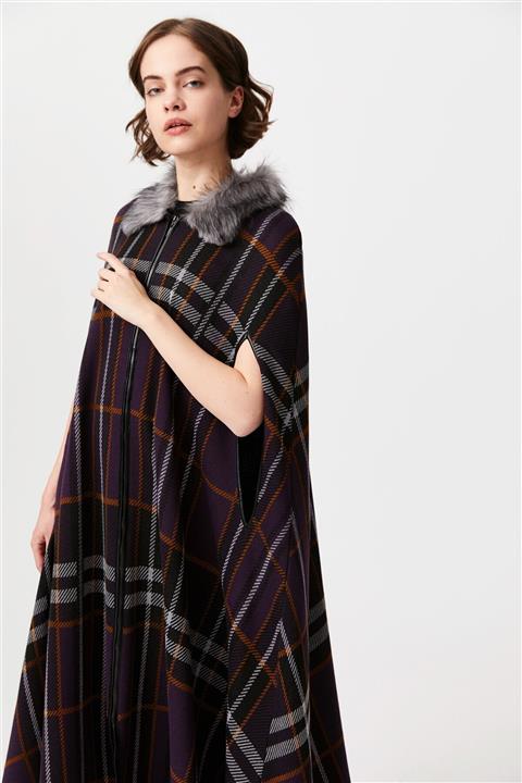 Tığ Triko Kürk Yakalı Ekose Panço Mor