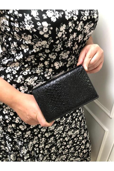 womenacs Kadın Siyah Renk Kroko Desenli Abiye Portföy Clutch Çanta