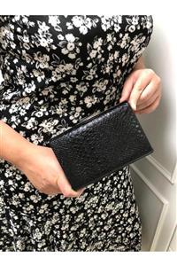 womenacs Kadın Siyah Renk Kroko Desenli Abiye Portföy Clutch Çanta