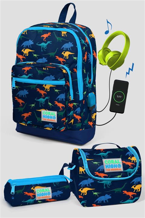 Coral High Kids Lacivert Dinazor Desenli Usb Şarjlı Kulaklık Çıkışlı Çanta Set 23289 3'Lü