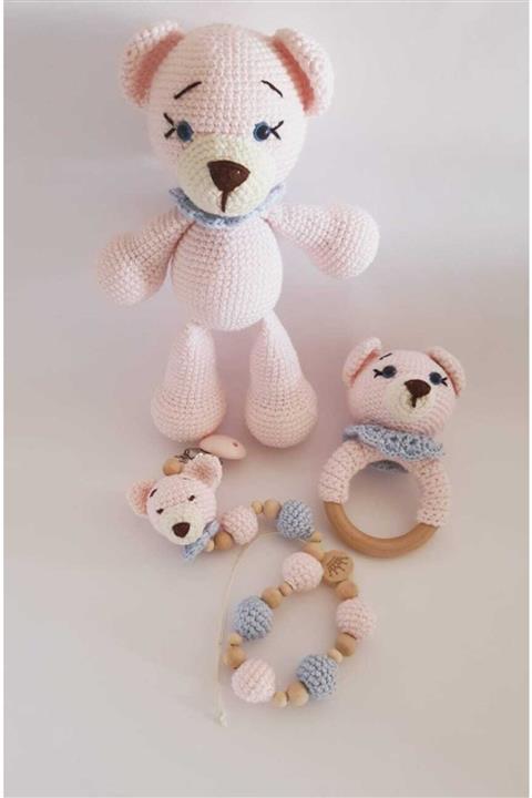 U&B Unique and Beyond Amigurumi Bebek Seti- Sevimli Ayıcık- Uyku arkadaşı, Çıngırak, Emzik Askısı 3'lü set. Pembe, oyuncak