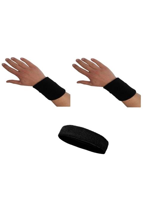 Voven Unisex Siyah Sporcu Havlu Kafa Bandı El Bilekliği - 1 Takım 2 Adet Bileklik 1 Adet Kafabandı