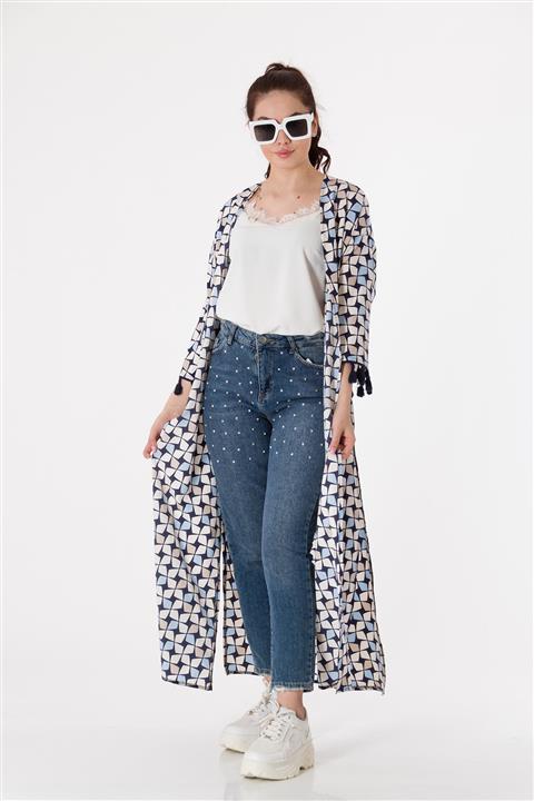 BUTİK DAYI Kadın  Geometrik Desenli Kol Püskül Detaylı Beyaz/lacivert Kimono