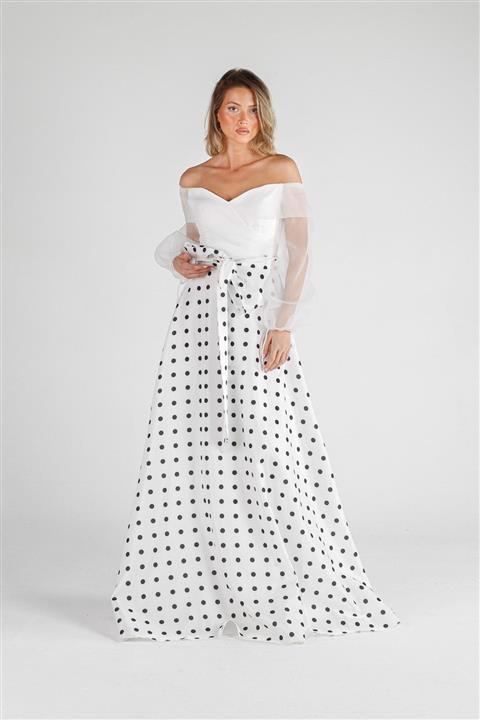 ALİS DRESS Eteği Saten Puantiyeli Beyaz Abiye