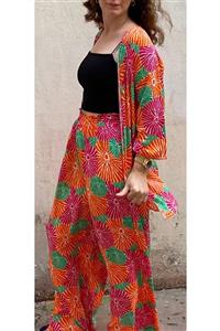Deva shopping Turuncu Pembe Yeşil Renkli Kimono Pantolon Takım