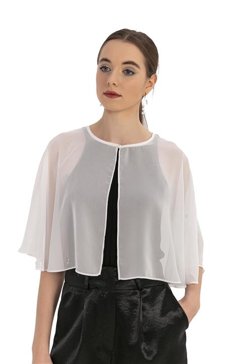 DISENTIS MODEST Yuvarlak Yaka Üstten Düğmeli Şifon Beyaz Pelerin