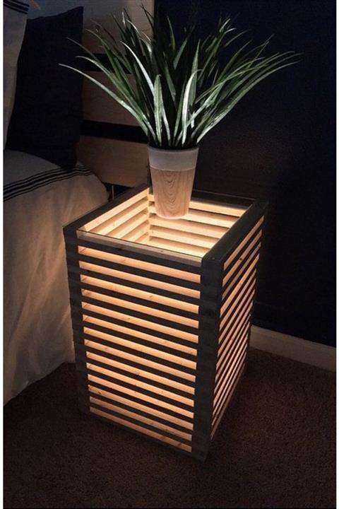 Pronto Reklam Masif Ahşap Led Işıklı Komodin 35x35x60 Cm - Naturel Renk