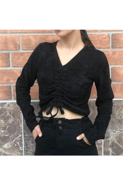 Elezan Kadın Kışlık Büstiyer Crop Uzun Kol Büzgülü Siyah