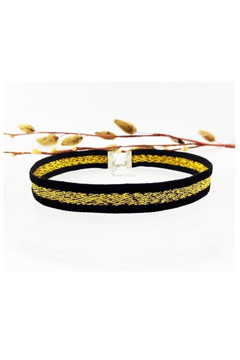 Bijustore Sarı Sim İşlemeli Kadın Siyah Choker