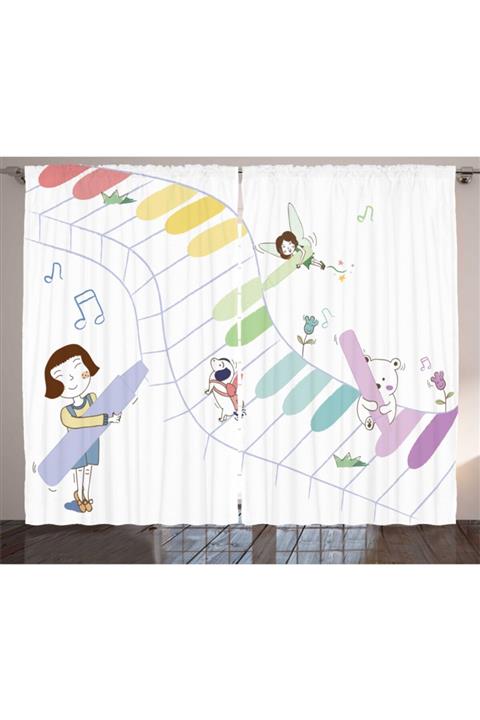 Orange Venue Çocuksu Perde Piyano Tuşları Ile Müzik Notaları Ve Peri