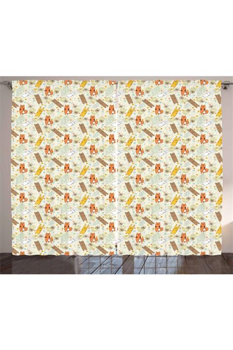 Orange Venue Çocuksu Perde Yaprak Ve Çiçek Siluetleri Ile Tilki Ve Ayı