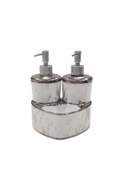 DEKOR ARYA Sıvı Sabunluk & Deterjanlık Mermer Desen Gümüş Beyaz