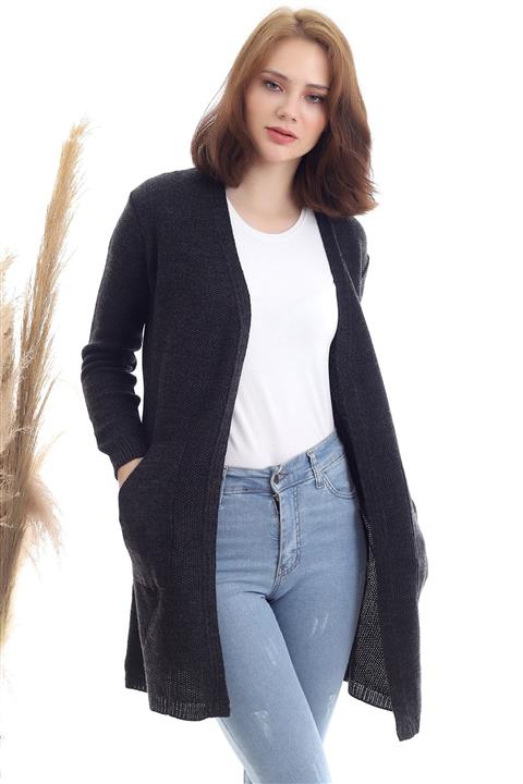 Devinka Kadın Antrasit Kanguru Cep Triko Hırka