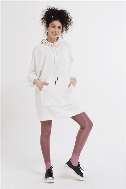 Nefise Kapüşonlu Panço Penye Sweatshirt - Ekru