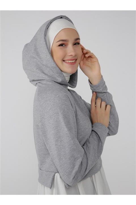 Benin Kapüşonlu Poplin Garnili Sweatshirt - Gri Melanj -