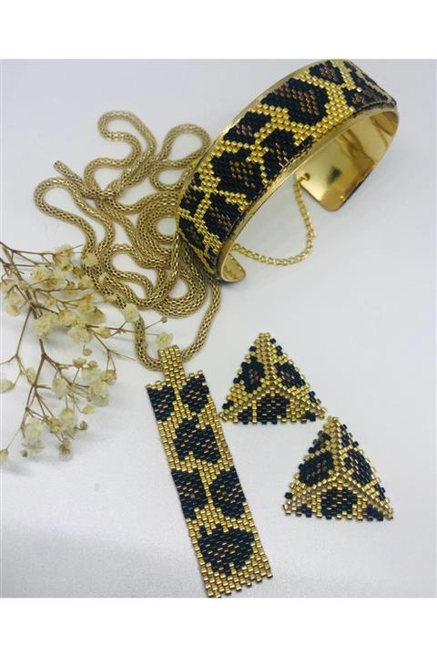 Miyuki Kelepçe Bileklik Kolye Küpe 3'lü Set