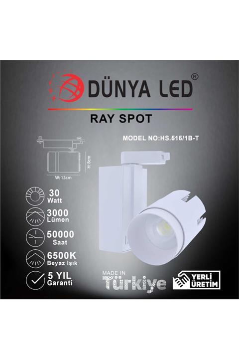 DÜNYA LED Hs.515/1b-t 30w Cob Led Ray Spot Beyaz 6500k Beyaz Işık Trifaze