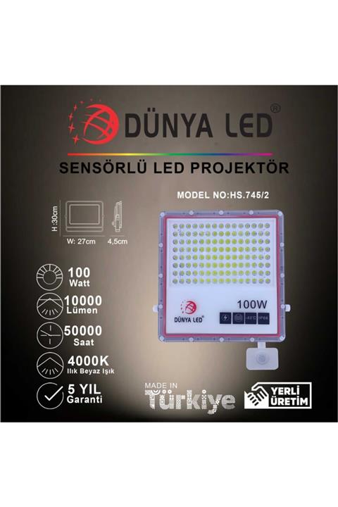 DÜNYA LED Hs.745/2 100w Sensörlü Slim Led Projektör 4000k Ilık Beyaz Işık
