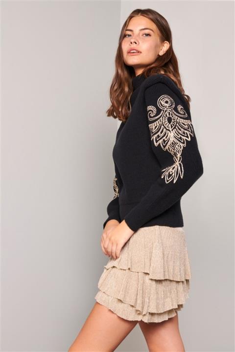 JOIN US Dik Yaka Nakışlı Triko Kazak