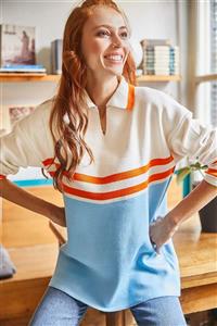 Olalook Kadın Ekru mavi Çizgili Renk Detaylı Polo Yaka Oversize Triko Kazak Tunik TNK-19000080